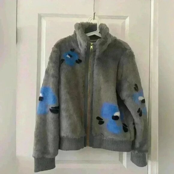 Andrew Marc L Bomber Jacket New York Women's Faux Fur Grey Floral Blue - Picture 2 of 10
